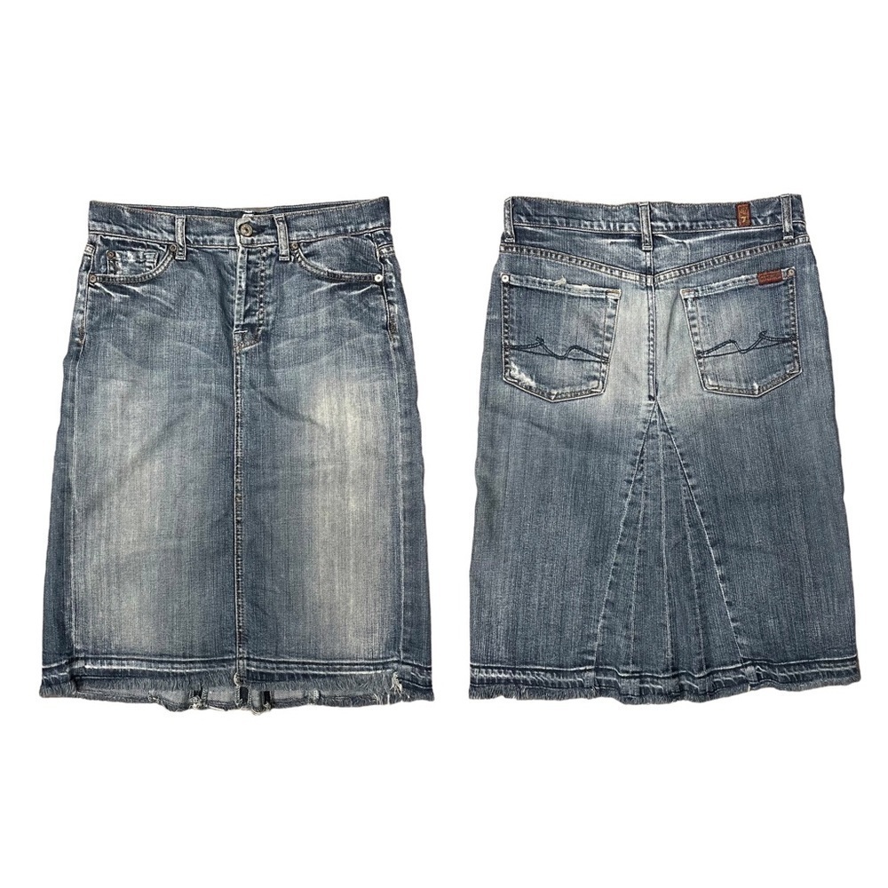 NEW 7 FAM Boycut Distressed Denim Skirt Size 27